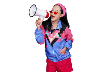 Woman in 90's style outfit using megaphone isolated transparent