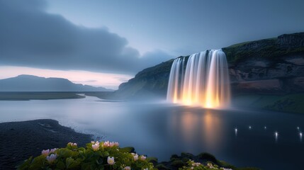 A waterfall is flowing into a lake with a beautiful view of the sky