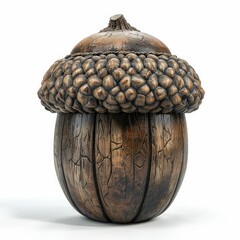 Detailed Wooden Acorn Sculpture with Realistic Texture and Natural Finish Isolated on White Background