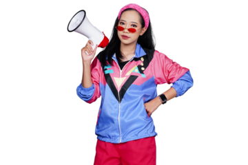 Woman in 90's style outfit using megaphone isolated transparent