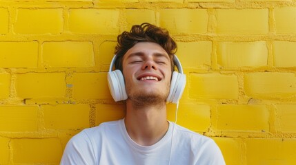 Happy young man with white headphones, standing against a vibrant yellow brick wall
