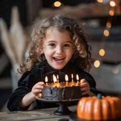 little girl  wearing black dress with birthday cake looking happily toward the camera 