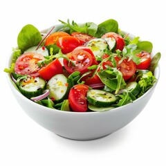 Fresh and Healthy Mixed Green Salad with Tomatoes, Cucumbers, and Red Onions in a White Bowl