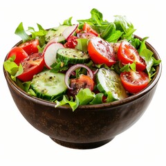 Fresh and Vibrant Mixed Green Salad with Tomatoes, Cucumbers, Radishes, and Red Onions in a Rustic Bowl