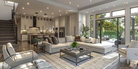 Grey-walled modern living room with a spacious, open floor plan
