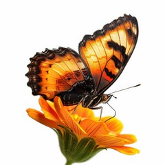 Close-Up of Vibrant Orange and Black Butterfly on Bright Orange Flower Isolated on White Background