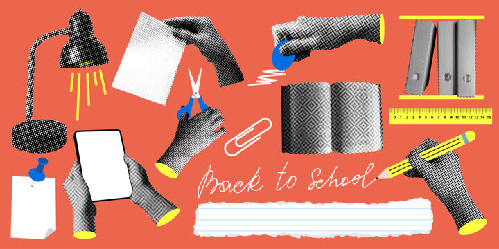 Back to school set. Modern collage with halftone hands holding school supplies. Writing hand. Trendy newspaper elements. Hands holding scissors, tablet, eraser. Halftone lamp, book. Knowledge concept