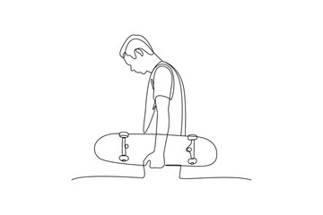 One continuous line drawing of young man playing skateboard for the weekend. Weekend activities concept. Dynamic single line draw design graphic vector illustration