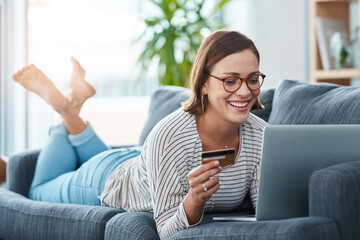 Girl, relax and couch with credit card or laptop for contactless payment, digital wallet and internet banking. Person, home and online for direct debit for student loan debt and financial management