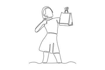 One continuous line drawing of a young woman fill his weekend with shopping. Outdoors activities concept. Dynamic single line draw design graphic vector illustration