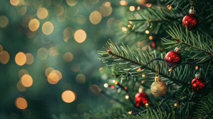 Close-up of a Christmas tree branch decorated with red ornaments and lights
