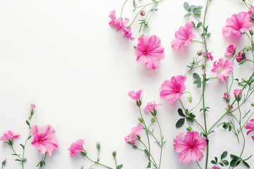 Beautiful pink wild flowers on a white background, in a flat lay, top view, copy space concept.