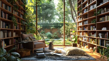 A cozy reading nook with floor-to-ceiling bookshelves, a comfortable armchair, and a large window overlooking a garden.