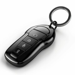 Close-Up of Modern Car Key Fob with Buttons for Lock, Unlock, Trunk, and Alarm on White Background