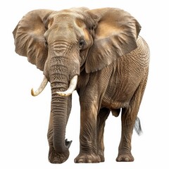 Obraz premium Majestic African Elephant Standing Tall with Tusks and Wrinkled Skin Isolated on White Background
