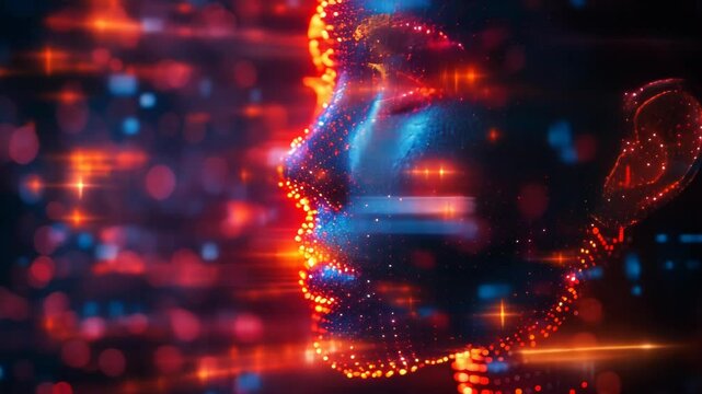 Futuristic Digital Human Head Profile Composed of Glowing Particles Representing AI and Virtual Reality Technology in Cyberspace at Night