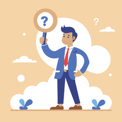 Obraz premium Problem analysis involves examining information to find solutions, solving issues, or overcoming challenges. A businessman inspects a question mark with a magnifying glass to think critically.