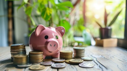 Pink piggy bank sits beside stacks of coins on a wooden table near a window with a blurred background of green plants.
