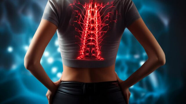 Woman Suffering Chronic Lower Back Pain, Highlighted Lumbar Spine, Healthcare Concept, Medical Diagnosis, Night Setting, Casual Outfit, Pain Relief, Modern Health Issue Illustration