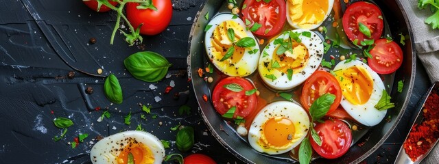 eggs with tomatoes in a pan. Selective focus