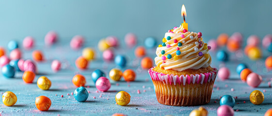 Cupcake in birthday concept with candles, Happy Birthday cake  