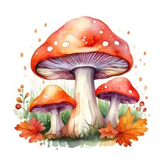Watercolor Illustration of Three Red Mushrooms with White Spots and Autumn Leaves.