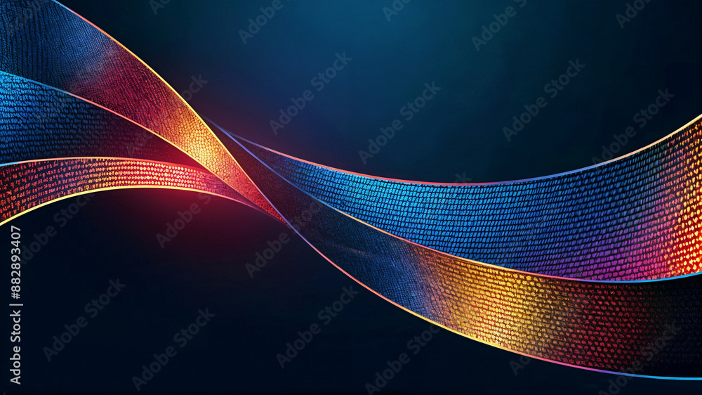 Poster abstract colored curved ribbons on a dark blue background with light effect and sparkles with copy s