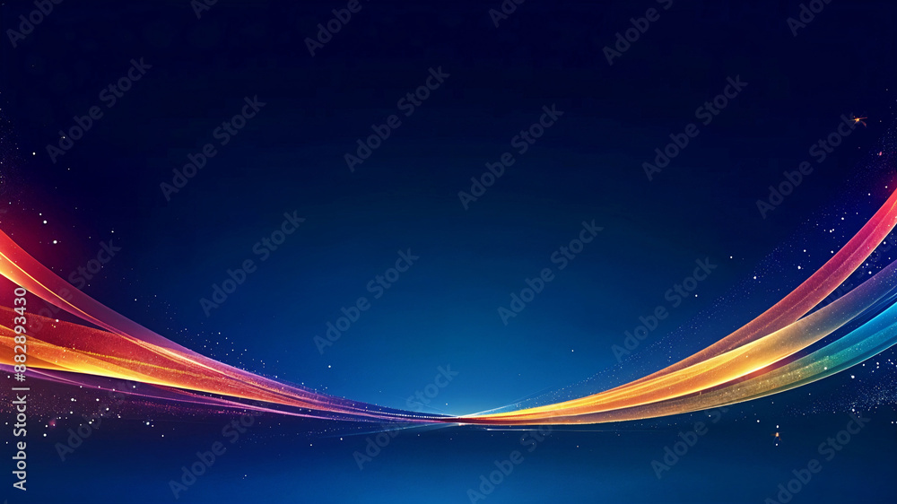 Poster abstract colored curved ribbons on a dark blue background with light effect and sparkles with copy s