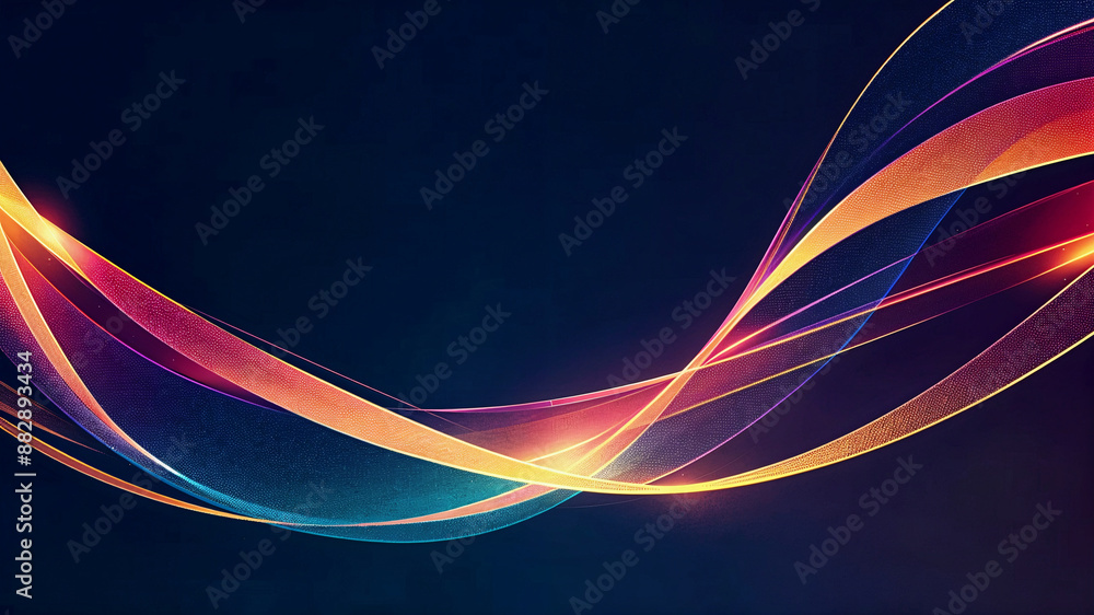 Poster abstract colored curved ribbons on a dark blue background with light effect and sparkles with copy s