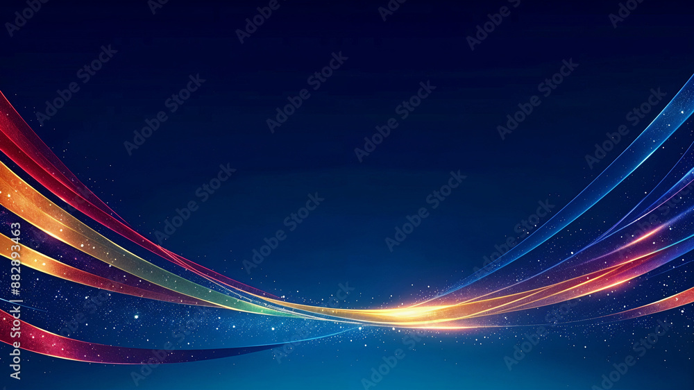 Poster abstract colored curved ribbons on a dark blue background with light effect and sparkles with copy s