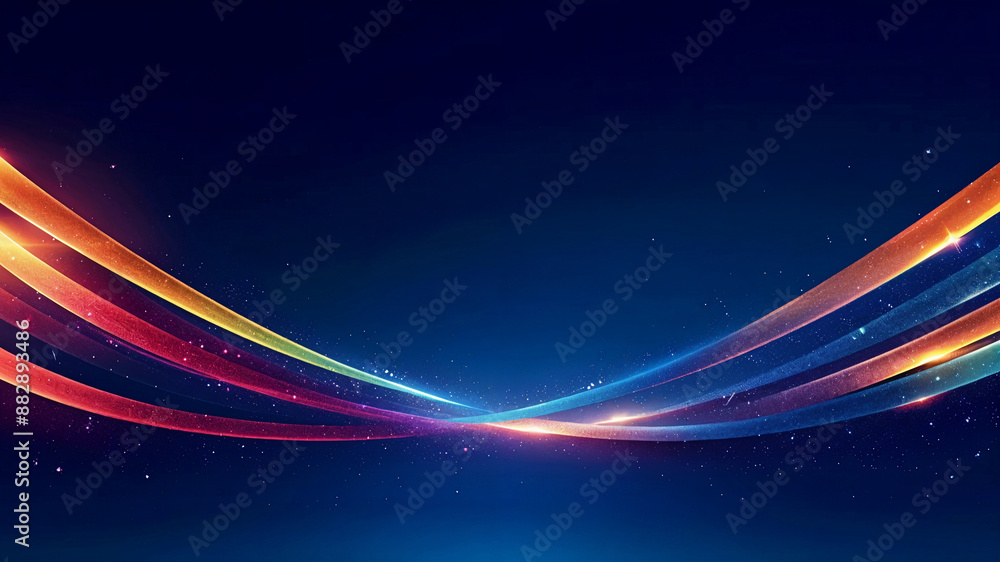 Poster abstract colored curved ribbons on a dark blue background with light effect and sparkles with copy s