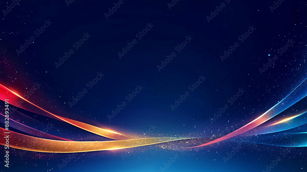 Poster abstract colored curved ribbons on a dark blue background with light effect and sparkles with copy s