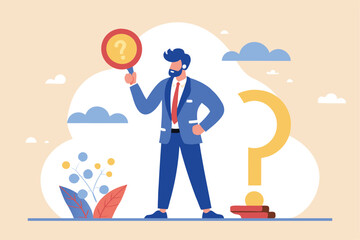 Analyzing problems to find solutions: businessman uses a magnifying glass to examine a question mark, symbolizing the challenge of overcoming difficulties and finding answers through analysis.