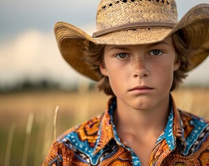 A handsome young cowboy teen boy wearing his straw hat with a serious look in his face 