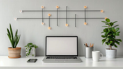 Fototapeta premium Modern Minimalist Workspace with Laptop and Plants, Bright Natural Light, Office Decor with Copy Space