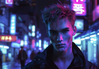Obraz premium A handsome young man with short hair with purple light reflection on his face standing in the street 