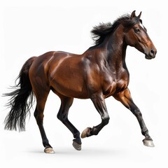 Obraz premium Majestic Brown Horse in Motion Against a White Background Showcasing Strength and Elegance