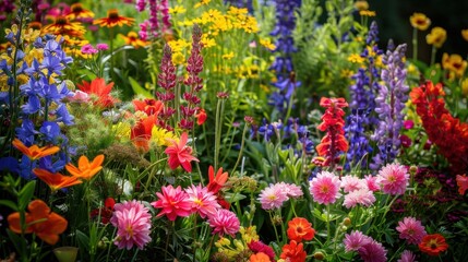 Garden flowers, colorful blooms, vibrant garden, natural beauty, fresh petals, green foliage, sunlight
