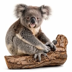 Obraz premium Adorable Koala Sitting on a Tree Branch with White Background - Close-Up Wildlife Photography