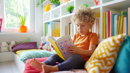 Curious young boy engrossed in reading a book