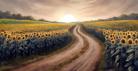 Naklejka premium A stunning photograph of a vast field of sunflowers under a breathtaking sunset, with a dirt path leading through the vibrant yellow flowers and stretching towards the horizon. 