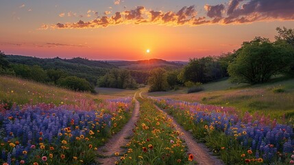 Obraz premium Sunrise Over a Flowery Path