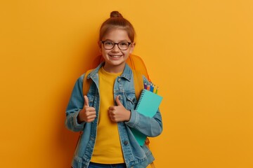 Fototapeta premium Happy Schoolgirl with Thumbs Up Holding Notebooks and Backpack - Back to School Concept