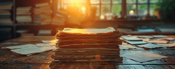 Concept minimalist style background with a low angle shot of a briefcase and business documents. Space for text.