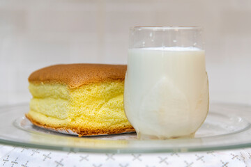 View of the sponge cake with milk