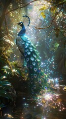 an luminescent peacock that shines all over its body and feathers, each a different luminescent hue, wide angle, shining particles, beautiful plants, studio lighting, film, movie scene, extreme detail