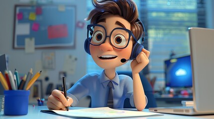 Animated Boy Taking Notes While On a Call