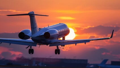 a private jet taking off from the airport in the evening 
