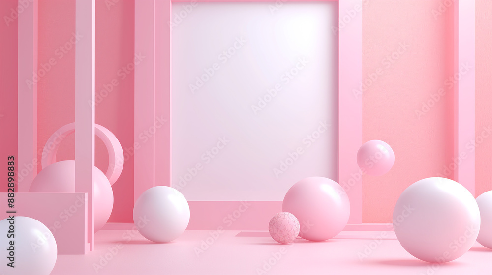 Poster 3d render of abstract geometric design in white and pink with blank frame user interface