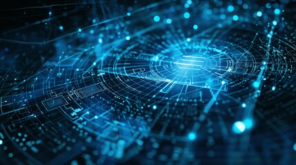 Blue technology background with futuristic digital elements and glowing lines forming an abstract geometric pattern